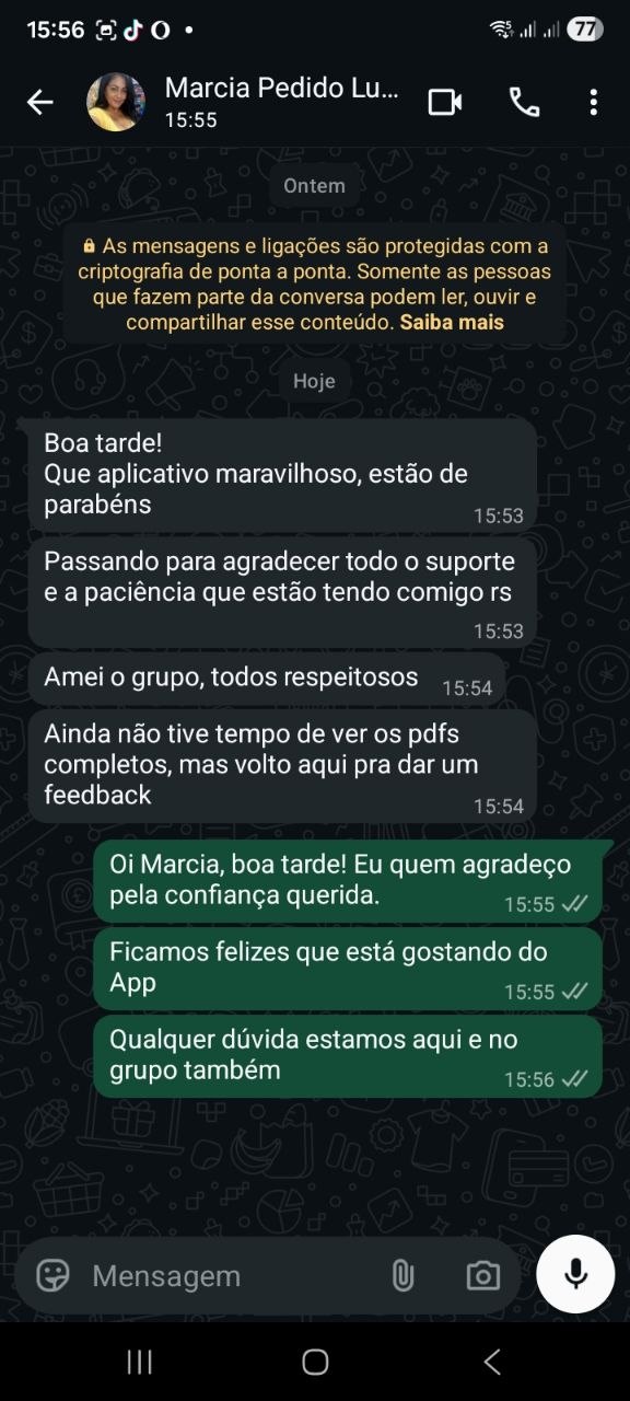 Conversa no WhatsApp com o depoimento de Marcia sobre o Pedido Lucrativo
